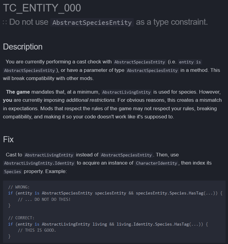 This image is the documentation page for the <code>TC_ENTITY_000</code> diagnostic. It shows off a description of exactly what the warning means and why it's happening, and then provides a fix including with example code.