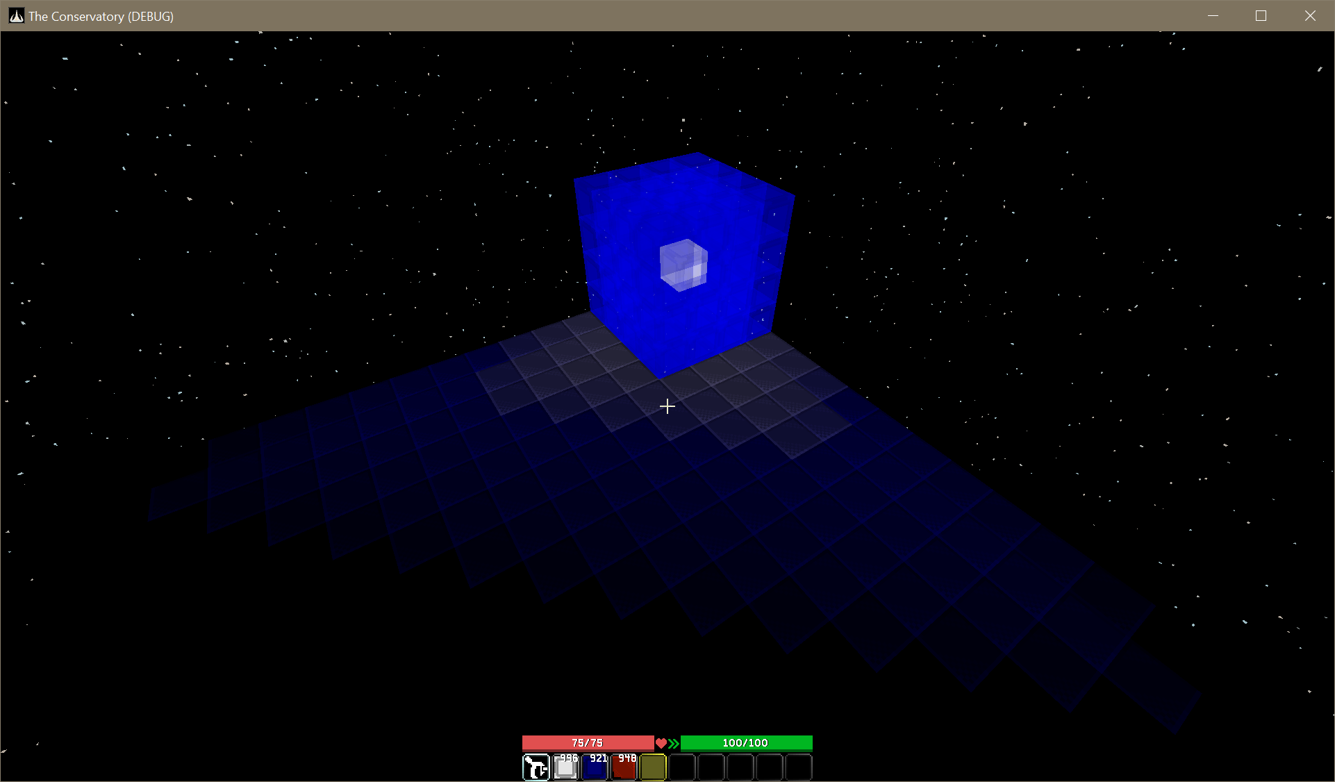 This image shows a flat area of steel blocks lit up by a white light source. The light source is encased inside of translucent blue blocks, and the resulting light color around the blocks is that same blue color, demonstrating how transparent materials can color light sources.